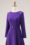 Paarse A-lijn boothals lange mouwen werkjurk