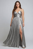 Sliver A Line Metallic Geplooide Formele Jurk Met Split
