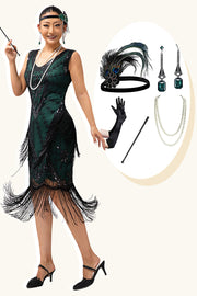 Zwart Groene Pailletten Fringe V Hals 1920s Jurk met 5-delige Accessoires Set