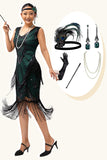 Zwart Groene Pailletten Fringe V Hals 1920s Jurk met 5-delige Accessoires Set