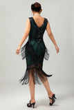 Zwart Groene Pailletten Fringe V Hals 1920s Jurk met 5-delige Accessoires Set
