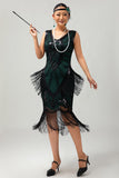 Zwart Groene Pailletten Fringe V Hals 1920s Jurk met 5-delige Accessoires Set
