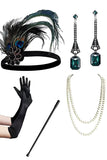 Zwart Groene Pailletten Fringe V Hals 1920s Jurk met 5-delige Accessoires Set