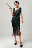 Zwart Groene Pailletten Fringe V Hals 1920s Jurk met 5-delige Accessoires Set