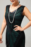 Zwart Groene Pailletten Fringe V Hals 1920s Jurk met 5-delige Accessoires Set