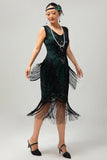 Zwart Groene Pailletten Fringe V Hals 1920s Jurk met 5-delige Accessoires Set