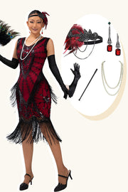 Gefranjerde zwart rode pailletten 1920s jurk met 5-delige accessoireset