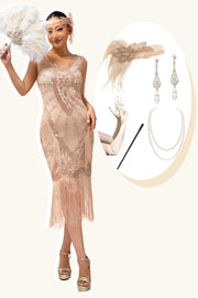 Champagne omzoomde pailletten jaren 1920 jurk met 5-delige accessoireset