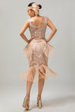 Champagne omzoomde pailletten jaren 1920 jurk met 5-delige accessoireset