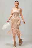 Champagne omzoomde pailletten jaren 1920 jurk met 5-delige accessoireset