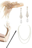 Champagne omzoomde pailletten jaren 1920 jurk met 5-delige accessoireset