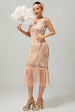Champagne omzoomde pailletten jaren 1920 jurk met 5-delige accessoireset