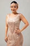 Champagne omzoomde pailletten jaren 1920 jurk met 5-delige accessoireset