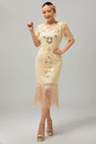 Abrikoos gefranjerde pailletten jaren 1920 Flapper jurk met korte mouwen