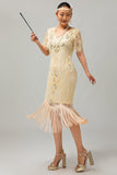 Abrikoos gefranjerde pailletten jaren 1920 Flapper jurk met korte mouwen