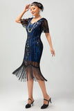 Zwart Blauwe Pailletten Fringe Scoop Neck jaren 1920 Jurk met 5-delige Accessoires Set
