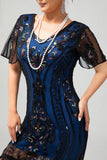 Zwart Blauwe Pailletten Fringe Scoop Neck jaren 1920 Jurk met 5-delige Accessoires Set