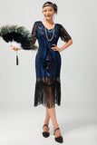 Zwart Blauwe Pailletten Fringe Scoop Neck jaren 1920 Jurk met 5-delige Accessoires Set