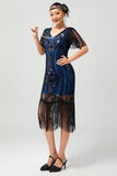 Zwart Blauwe Pailletten Fringe Scoop Neck jaren 1920 Jurk met 5-delige Accessoires Set