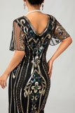 Sprankelende Flapper zwarte gouden pailletten Bodycon gefranjerde jaren 1920 jurk