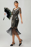 Sprankelende Flapper zwarte gouden pailletten Bodycon gefranjerde jaren 1920 jurk
