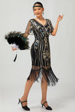 Sprankelende Flapper zwarte gouden pailletten Bodycon gefranjerde jaren 1920 jurk
