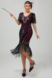 Flapper bordeauxrode pailletten bodycon gefranjerde jurk uit de jaren 1920