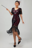 Flapper bordeauxrode pailletten bodycon gefranjerde jurk uit de jaren 1920