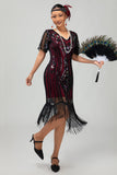 Flapper bordeauxrode pailletten bodycon gefranjerde jurk uit de jaren 1920
