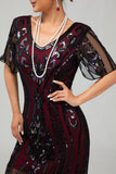 Flapper bordeauxrode pailletten bodycon gefranjerde jurk uit de jaren 1920