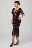 Flapper bordeauxrode pailletten bodycon gefranjerde jurk uit de jaren 1920