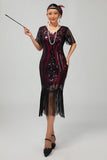 Flapper bordeauxrode pailletten bodycon gefranjerde jurk uit de jaren 1920