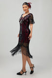 Flapper bordeauxrode pailletten bodycon gefranjerde jurk uit de jaren 1920