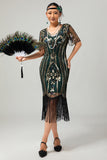 Abrikoos gefranjerde pailletten jaren 1920 Flapper jurk met korte mouwen