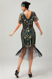 Abrikoos gefranjerde pailletten jaren 1920 Flapper jurk met korte mouwen