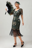 Abrikoos gefranjerde pailletten jaren 1920 Flapper jurk met korte mouwen