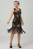 Groene gouden pailletten V-hals Bodycon jaren 1920 Flapper jurk met kwastjes