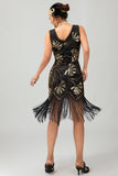 Rood gouden pailletten jaren 1920 V hals Bodycon Flapper jurk met kwastjes