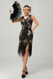Rood gouden pailletten jaren 1920 V hals Bodycon Flapper jurk met kwastjes