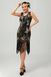 Rood gouden pailletten jaren 1920 V hals Bodycon Flapper jurk met kwastjes