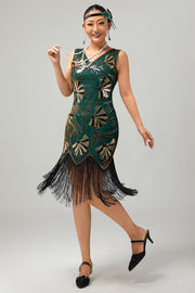 Groene gouden pailletten V-hals Bodycon jaren 1920 Flapper jurk met kwastjes