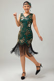 Groene gouden pailletten V-hals Bodycon jaren 1920 Flapper jurk met kwastjes