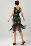 Groene gouden pailletten V-hals Bodycon jaren 1920 Flapper jurk met kwastjes