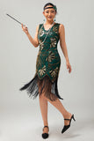 Groene gouden pailletten V-hals Bodycon jaren 1920 Flapper jurk met kwastjes