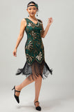 Groene gouden pailletten V-hals Bodycon jaren 1920 Flapper jurk met kwastjes