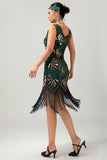 Groene gouden pailletten V-hals Bodycon jaren 1920 Flapper jurk met kwastjes