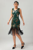 Groene gouden pailletten V-hals Bodycon jaren 1920 Flapper jurk met kwastjes