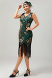 Groene gouden pailletten V-hals Bodycon jaren 1920 Flapper jurk met kwastjes