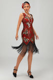 Rood gouden pailletten jaren 1920 V hals Bodycon Flapper jurk met kwastjes