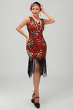 Rood gouden pailletten jaren 1920 V hals Bodycon Flapper jurk met kwastjes